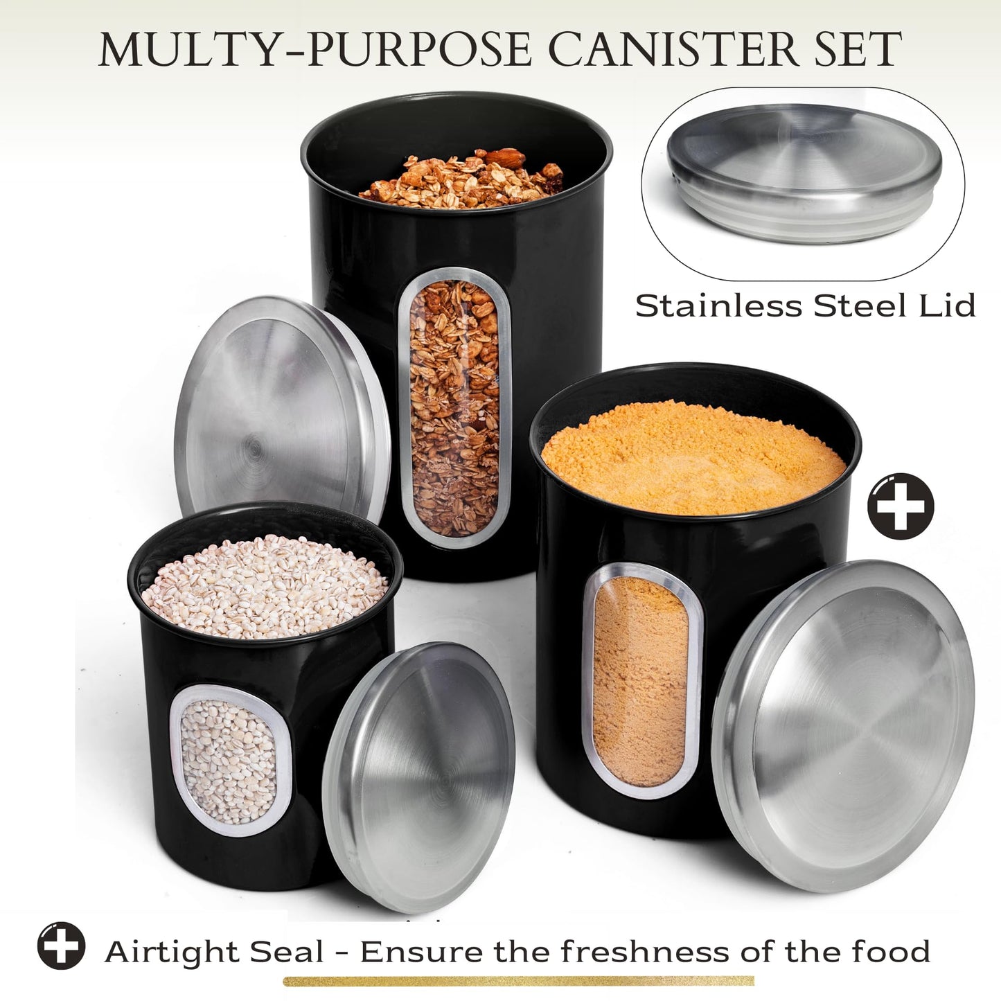 Mixpresso 3-Pcs Black Canisters Set for Kitchen Storage Airtight Jars