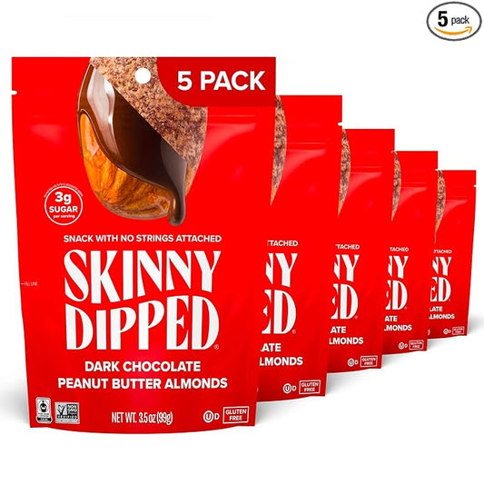 SkinnyDipped Dark Chocolate Peanut Butter Almonds, Healthy Snack, Plant Protein, Gluten Free, 3.5 oz Resealable Bags, (Pack of 5)