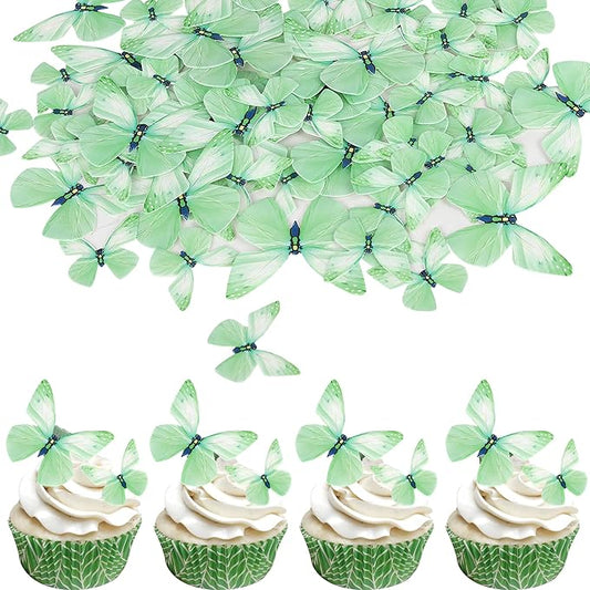 72PCS Edible Butterfly Cupcake Toppers & Decorations for Butterfly Theme Baby Shower & Kids Birthday Party - Green