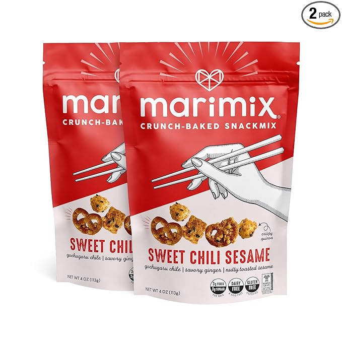 Marimix Snack Mix | Sweet Chili Sesame 2 Pack | Crunch Baked Sweet & Salty Savory Plant Based Naturally Gluten Free Whole Grain Fiber Charcuterie Pretzel Trail Party Mix | No Artificial Ingredients