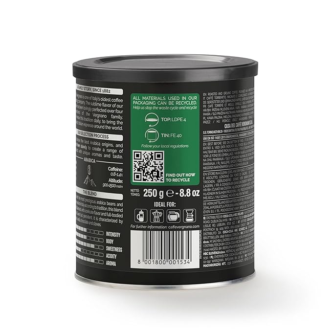 Caffì±?Vergnano Italian Finely Ground Espresso Coffee, 4 Pack ??100% Arabica for Moka, Intensity 4 ??Sweet & Balanced Blend Slow Roasted with Notes of Chocolate, Hazelnut, Caramel, 8.82 oz Tin