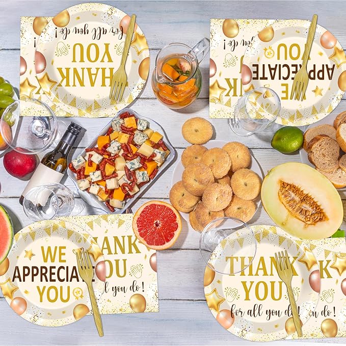 96Pcs We Appreciate You Party Plates and Napkins Employee Staff Appreciation Plates Thank You Theme Party Disposable Thankful Tableware Set for 24 Guests Staff Teacher Doctor Pastor Favors Supplies