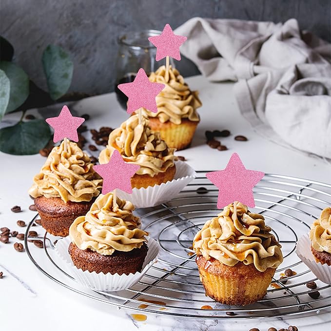 30 PCS Little Star Cupcake Toppers Glitter Twinkle Star Cupcake Picks Wedding Engagement Bridal Shower Baby Shower Birthday Party Cake Decorations Supplies Mixed Size Pink