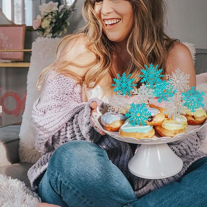Rsstarxi 24 Pack Snowflake Cupcake Toppers Glitter Winter Wonderland Snowflake Theme Cupcake Picks Decoration for Baby Shower Kids Birthday Christmas Party Cake Decorations Silver Blue