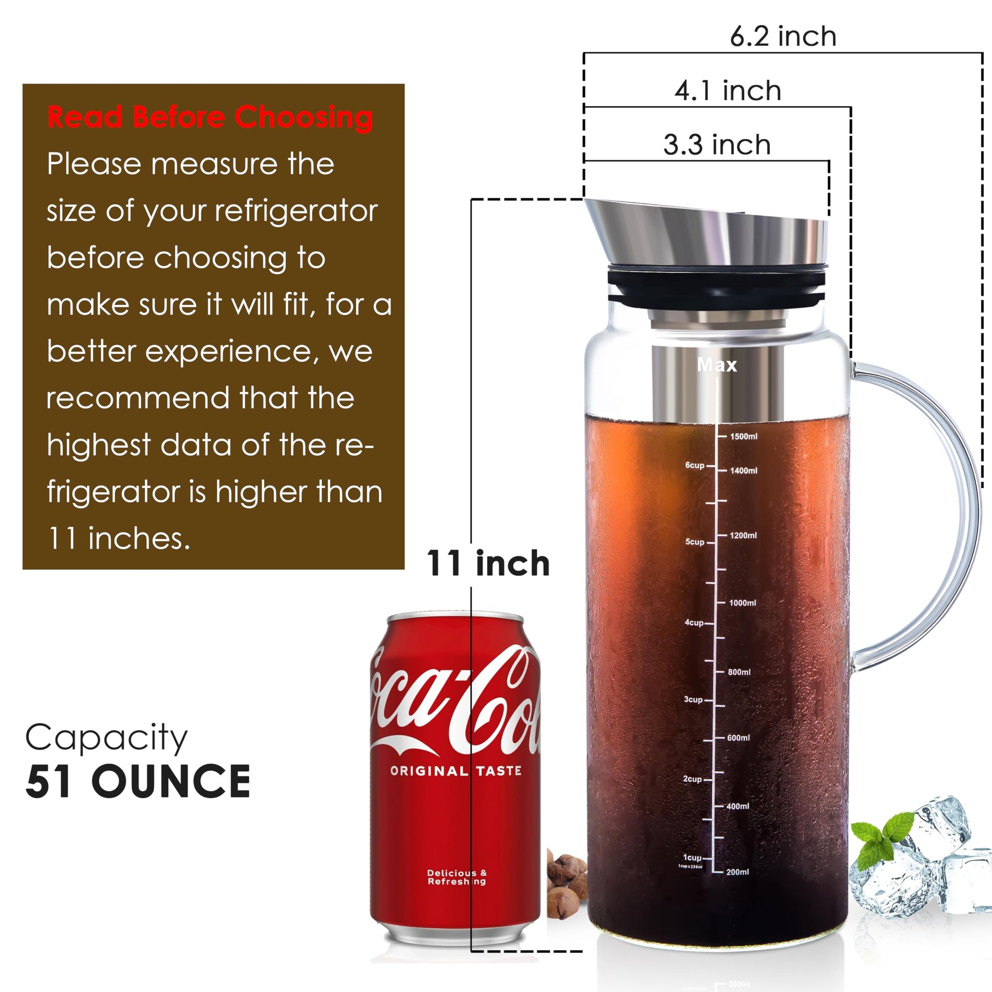 Aquach 51oz Cold Brew Coffee Maker, Borosilicate Glass Pitcher for Iced Tea
