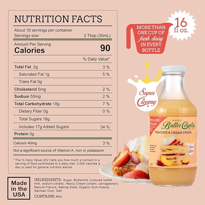 Butter Country Rich & Creamy Peach Syrup for Pancakes and Waffles, All Natural Fruity Topping Use on Drinks, Desserts, French Toast - 16oz Bottle, 4 Pack