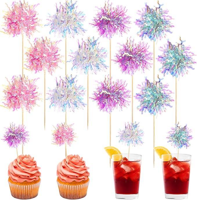 120 Pcs Firework Cupcake Toppers Foil Frill Toothpicks Cake Decorations Sparkle Tinsel Cupcake Toppers Cocktail Picks Firework Par