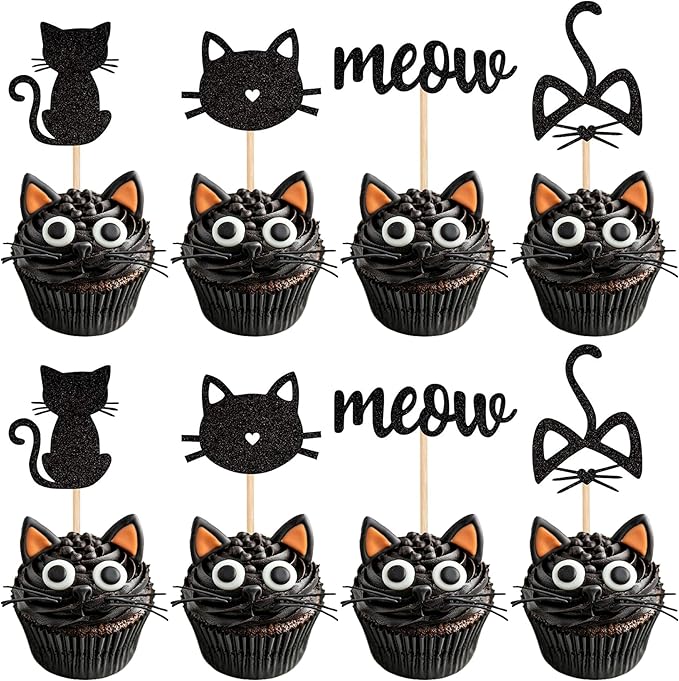 24 Pack Cat and Meow Cupcake Toppers Black Glitter Kitten Cat Cupcake Food Picks Cat Lover Kitten Theme Baby Shower Kids Birthday Wedding Party Cake Decorations Supplies