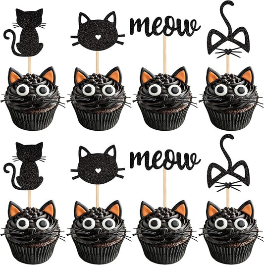24 Pack Cat and Meow Cupcake Toppers Black Glitter Kitten Cat Cupcake Food Picks Cat Lover Kitten Theme Baby Shower Kids Birthday Wedding Party Cake Decorations Supplies