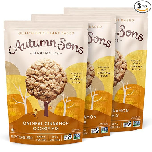 Autumn Sons Baking Co. Gluten Free Oatmeal Cinnamon Cookie Mix. Vegan Plant Based Baking Mix. Free From 11 Common Allergens. Dairy Free, Nut Free, Soy Free, Non GMO. 9.3 oz (Pack of 3)