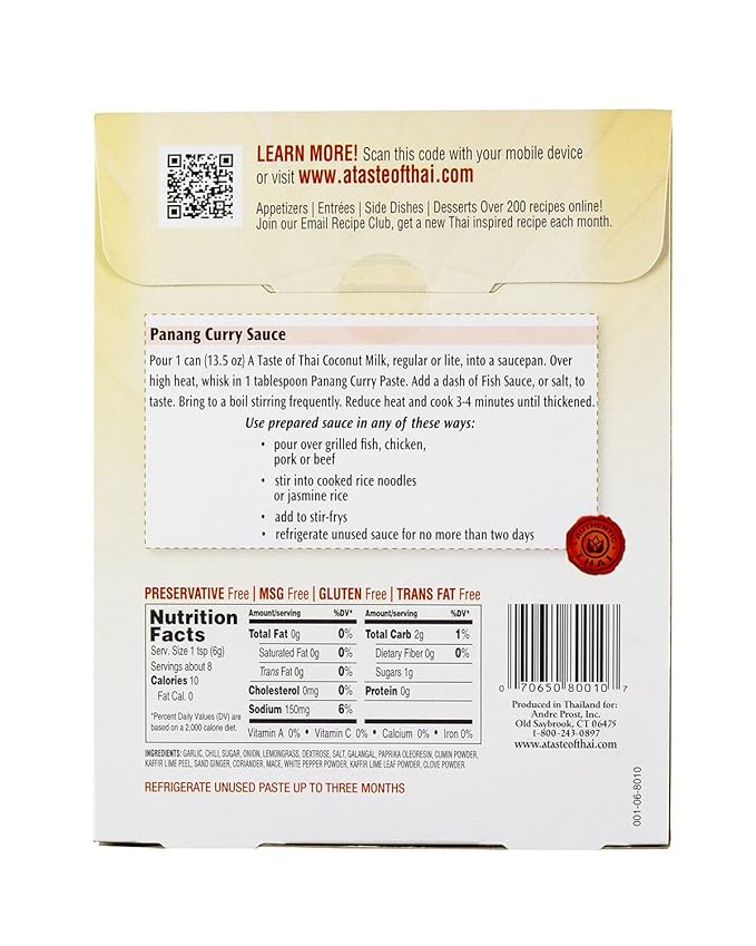 A Taste of Thai Panang Curry Paste - 1.75oz Pack of 6 Ready-to-Use Mix Flavored with Classic Thai Spices | Mild Curry Flavor Perfect for Veggies | Use for Stir-fry Grilling & More | Non-GMO
