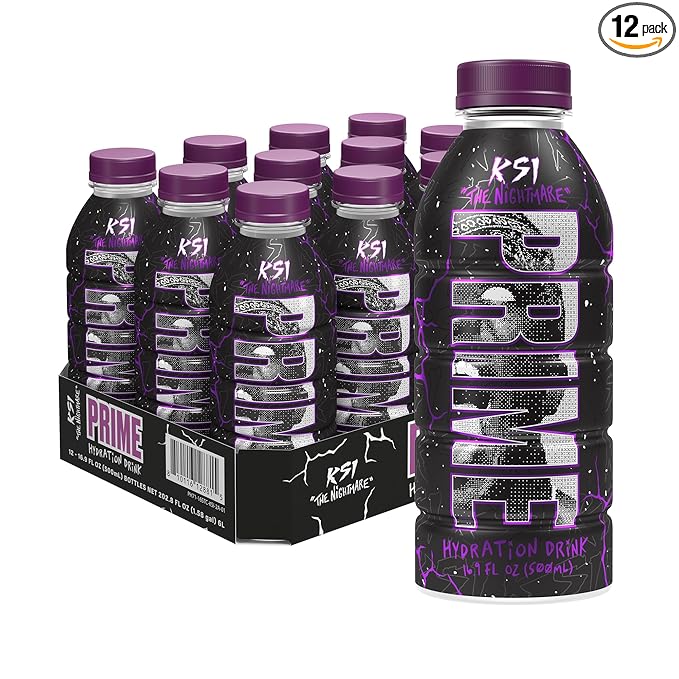 PRIME Hydration KSI THE NIGHTMARE, Sports Drinks, Electrolyte Enhanced to Replenish Fluids, 250mg BCAAs, B Vitamins, Antioxidants, Low Sugar, 16.9 Fluid Ounce, 12 Pack