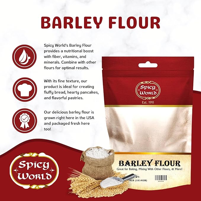 Spicy World Barley Flour - 4 lb (64oz) Bag | All-Natural, Raw, USA Grown | Versatile Barley Grain for Baking, Cooking, and More | Rich Source of Fiber