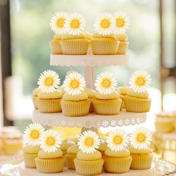 60 Pack Edible Flower Cupcake Toppers Wafer Paper Beautiful Flower Cake Picks for Wedding Birthday Theme Baby Shower Party Cake Decorations Supplies Light Yellow