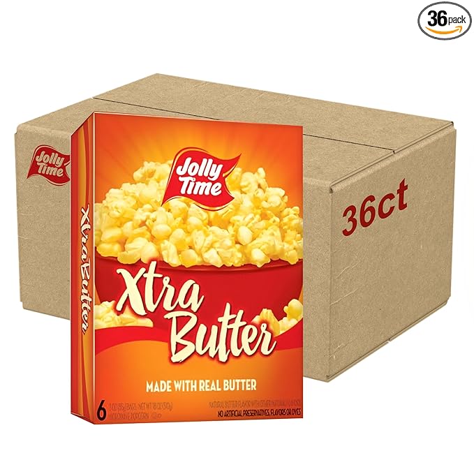 Jolly Time Xtra Butter, Ultimate Movie Theater Butter Microwave Popcorn, 3oz Sharing Bag, 6 Bags Per Carton (Xtra Butter, 3 Ounce (Pack of 36))