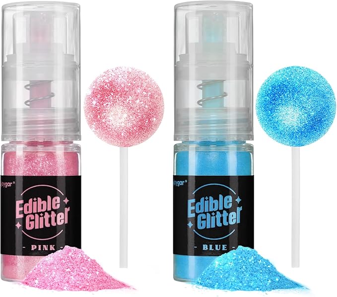 Sujoygar Edible Glitter Spray 2 Colors, Pink and Blue Edible Glitter for Cocktails, Shimmer Powder Luster Dust Edible for Cake Drink Strawberrie Cupcake Cookies Mermaid Baking Decoretion, Vegan(5g/Bottle)