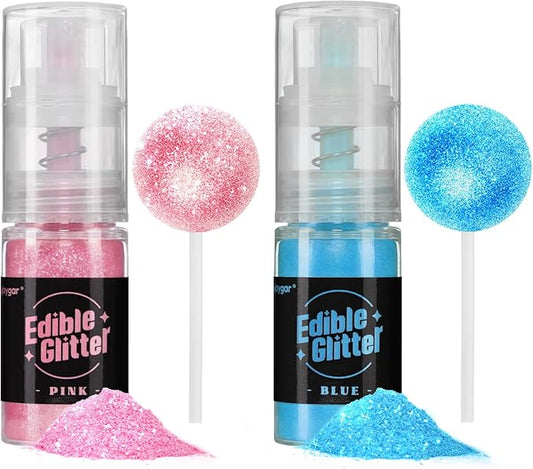 Sujoygar Edible Glitter Spray 2 Colors, Pink and Blue Edible Glitter for Cocktails, Shimmer Powder Luster Dust Edible for Cake Drink Strawberrie Cupcake Cookies Mermaid Baking Decoretion, Vegan(5g/Bottle)