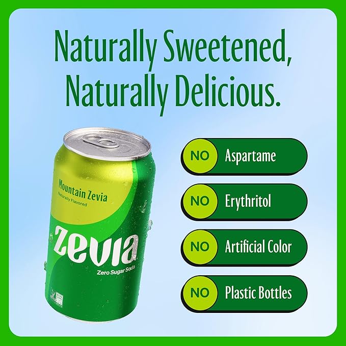 Zevia Zero Sugar Soda, Mountain Zevia, 12 oz Cans (24-Pack) ??Naturally Sweetened, Non-GMO Project Verified, Gluten-Free, Vegan