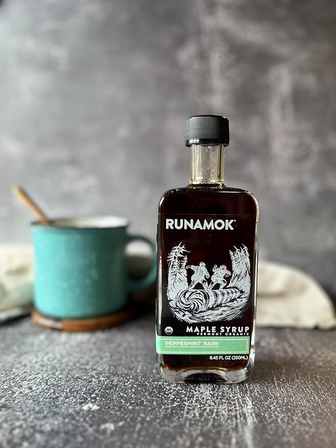 Runamok Maple Peppermint Bark Infused Maple Syrup - Authentic & Real Vermont Maple Syrup | Gluten Free & Natural Sweetener | Great Christmas Holiday Gift for Foodies! Breakfast, Coffee, Pancakes Maple Syrup | 8.45 Fl Oz (250mL)