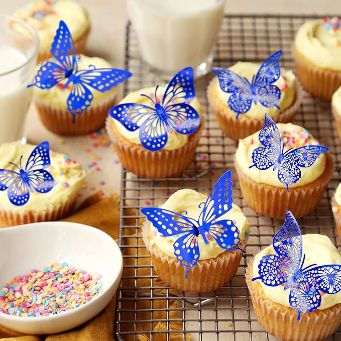 Gyufise 36 Pack Blue 3D Butterfly Cupcake Toppers Hollow Butterfly Cake Decorations for Birthday Wedding Fairy Party Butterfly Wall Sticker Decal for Background Wall Decoration