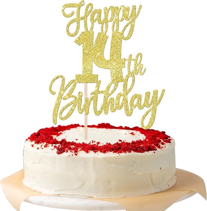 1 PCS Happy 14th Birthday Cake Topper Glitter Cheers to 14 Years Birthday Cake Pick Fourteen Hello 14 Fabulous Cake Decoration for Happy 14th Birthday Anniversary Party Decorations Supplies Gold