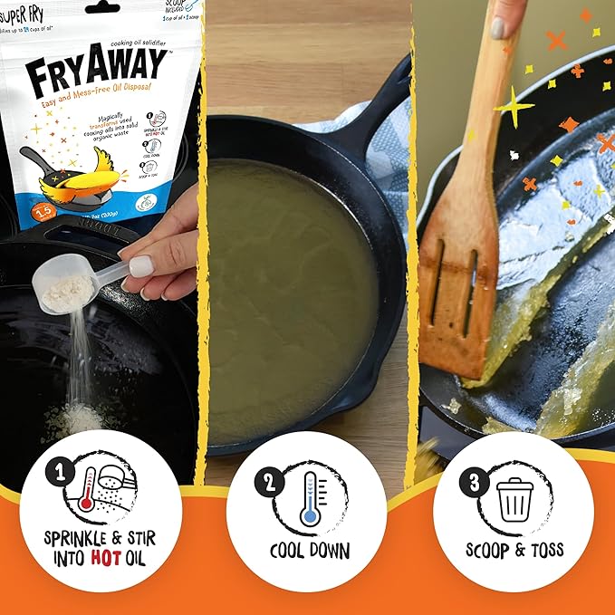 FryAway Super Fry Cooking Oil Solidifier, Super Value 3-Pack ??Solidifies 4.5 Gallons Cooking Oils - Plant-Based Powder - Fry Oil Away for Mess-Free Cleanup and Disposal - Easy to Use, Made in the USA