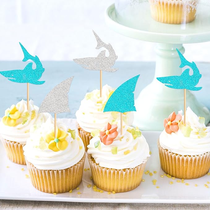 24 PCS Glitter Shark Cupcake Toppers Ocean Themed Party Shark Cake Decor Baby Shower Birthday Party Decorations