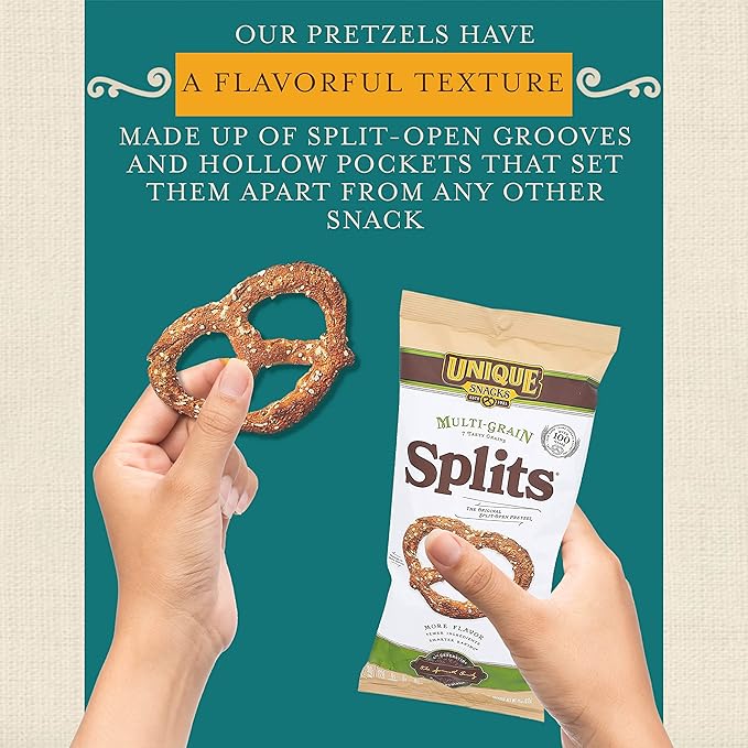 Unique Snacks - Multi Grain Splits Pretzels, Homestyle Baked, Certified OU Kosher and non-GMO, 11 oz Bag (6 pack) No artificial flavors 66 Ounce
