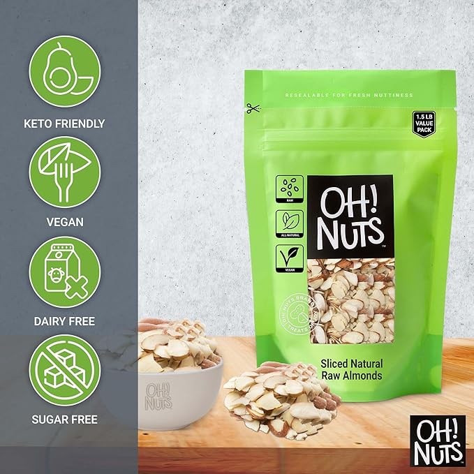 Oh! Nuts Raw Natural Sliced Almonds - 100% Natural - Sliced Almonds - 1.5 lb - Almonds Raw - Packed in New York Zip-Seal Bag for Exceptional Freshness