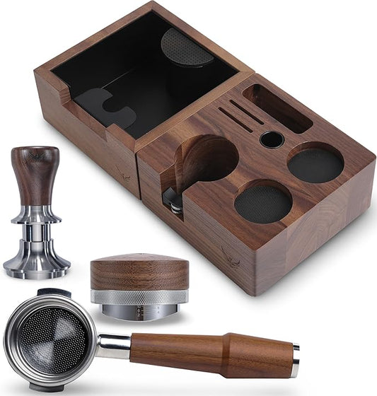 58mm Espresso Tool Kit for E61 Machines ??Naked Portafilter, Spring Tamper, Distributor, Tamping Station & Knock Box | Fits Rocket, ECM, Profitec, Lelit, Quick Mill