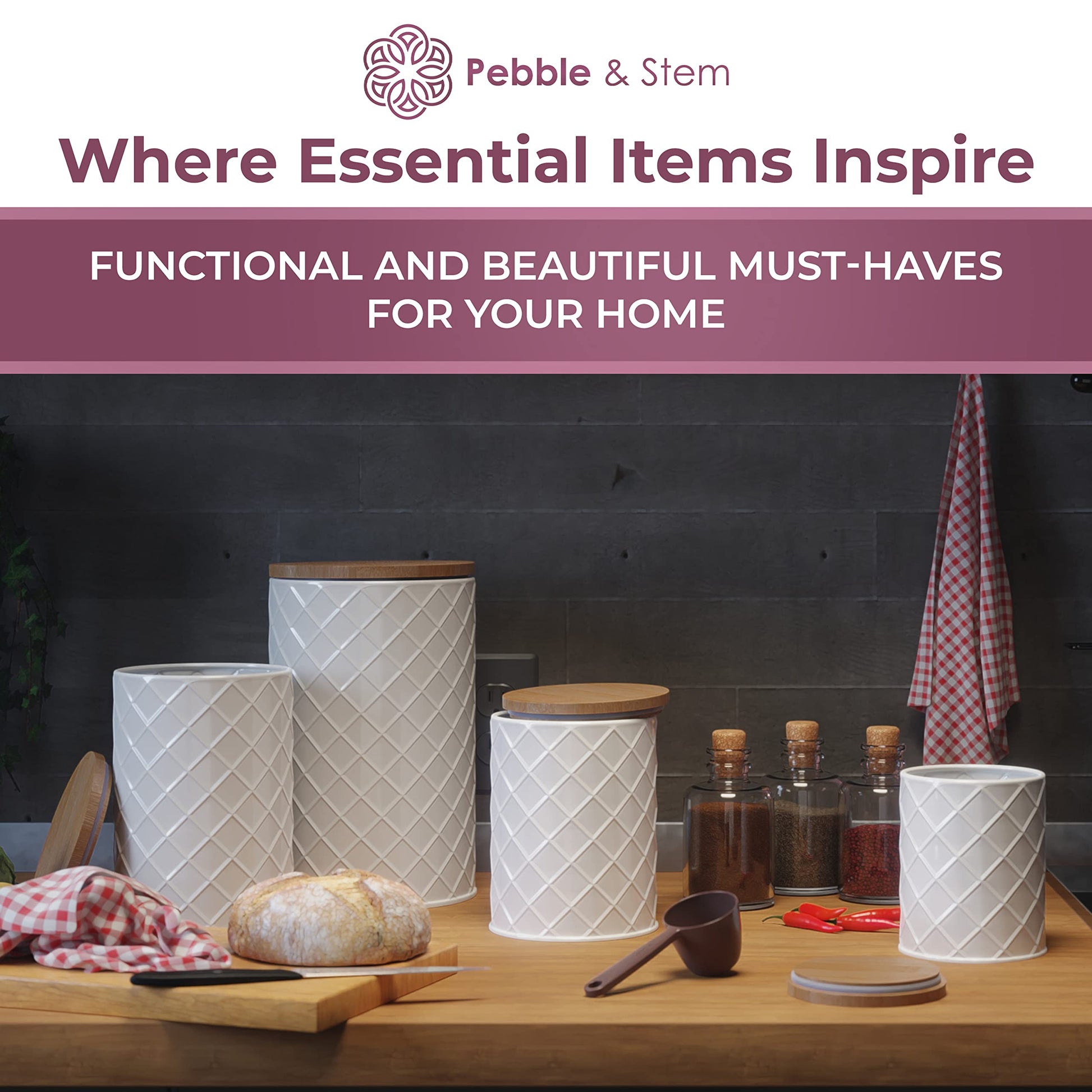 Pebble & Stem® White Metal Canister Set for the Kitchen Counter, Food Canister Set of 4, Airtight