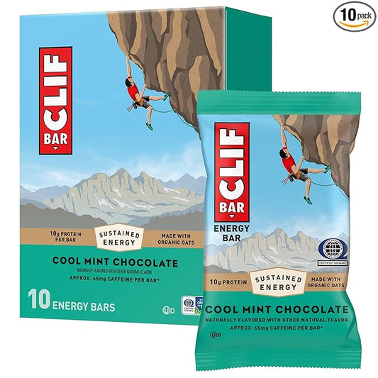 CLIF BAR - Cool Mint Chocolate with Caffeine - Made with Organic Oats - Energy Bars - Non-GMO - Plant Based Protein Bars (10 Pack)