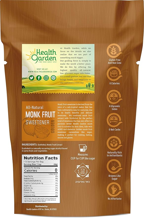 Health Garden Monk Fruit Sweetener, Golden - Non GMO - Gluten Free - 1:1 Sugar Substitute - Kosher - Keto Friendly (1lb 2-pack)