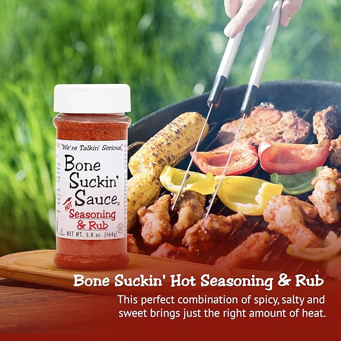 Bone Suckin' Hot Seasoning & Rub, 5.8 Oz - Grilling Rubs, Dry Pork Rub, Gluten-Free, Non-GMO, Kosher, Great on Ribs, Pork, Beef, Chicken, Seafood, Pasta, Vegetables & Even Popcorn! No Msg