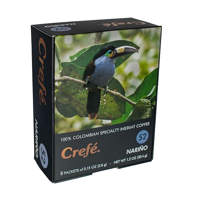 Crefé 100% Colombian Specialty Instant Coffee. 8 packets make 8 cups (8 FL OZ each). Region of Origin: Nariño. Long Medium Roast. Mild, Not Strong