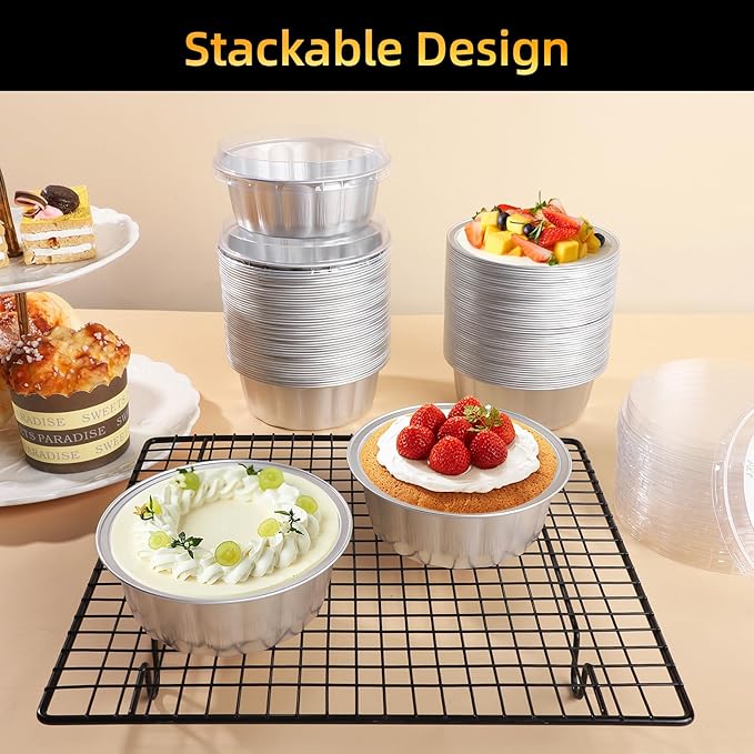 Beasea Ramekins 8 oz with Lids Disposable, 120 Pack 8 oz 4 Inch Mini Silver Aluminum Foil Creme Brulee Baking Cups Small Round Cupcake Tart Pie Tins Pans Individual Containers Oven Safe
