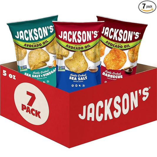 Jackson?™s Classic Kettle Potato Chips (Variety Pack, 5 oz, Pack of 7) - Made with Premium Avocado Oil, Sea Salt, Salt & Vinegar and BBQ Flavors - Allergen-friendly, Gluten Free, Vegan
