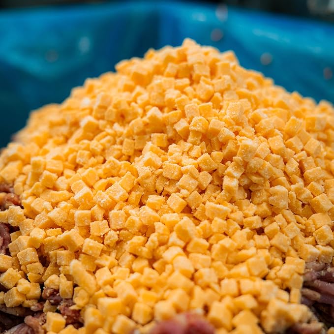 Bearded Butchers High-Temp Cheddar Cheese, Case of 8 (2.5 lb Bags) ??20 lbs Total, Shelf-Stable 1/4-Inch Cubes for Up to 25 lbs of Meat Per Bag, 400째F High-Temperature Cheese ??Perfect for Sausages, Brats, Snack Sticks, Burgers, and More