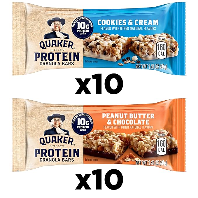 Quaker Protein Granola Bars, 2 Flavor Variety Pack, 10g Protein, 1.41 oz Bars, 20ct