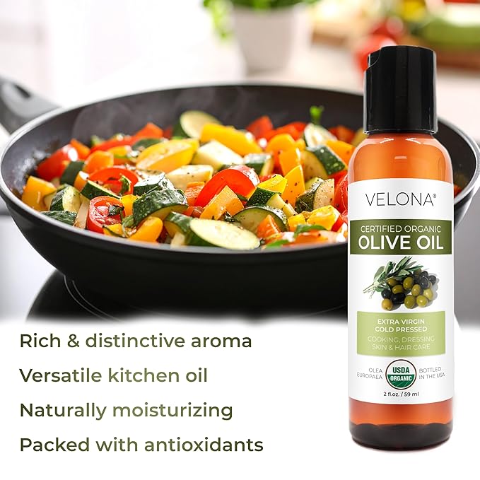 velona USDA Certified Organic Olive Oil - 2 Fl Oz | 100% Pure and Natural Carrier Oil | Extra Virgin, Unrefined, Cold Pressed | Cooking, Dressing, Face, Hair, Body & Skin Care | Use Today - Enjoy Results