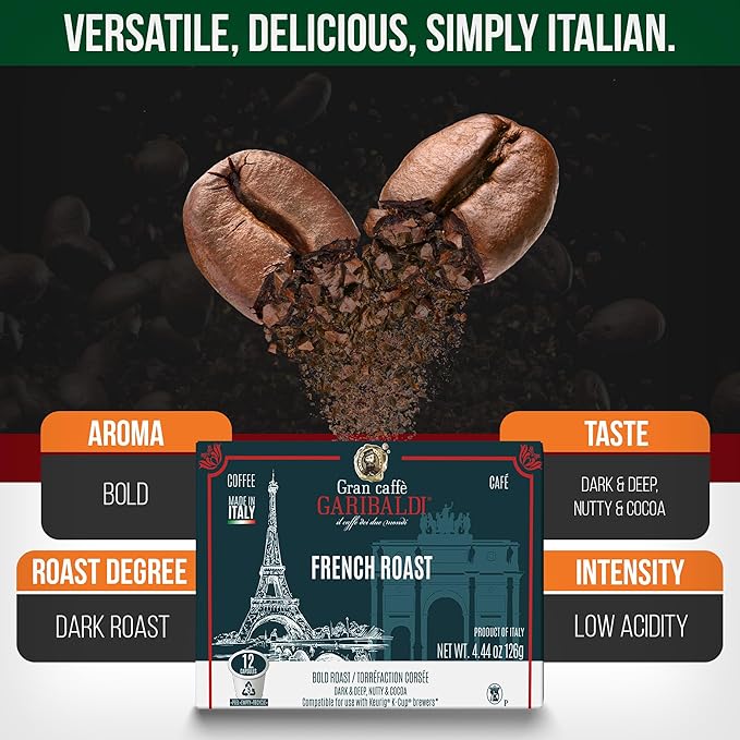 Caffè Garibaldi French Roast Coffee Pods, Single-Serve Capsules for Keurig K-Cup Brewers, Single Serve Cups, 100% Arabica Blend for Coffee Makers, 12 Count Recyclable Pods - Dark Roast