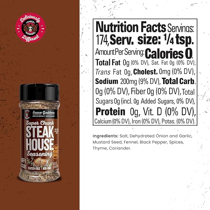 Sauce Goddess - Super Chunk Steakhouse Spice Shaker - Steak Seasoning, BBQ Rub for Chops, Chicken & Veggies, Gluten-Free, Vegan, No Sugar - 6.15 oz