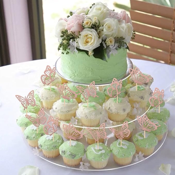 Rsstarxi 24 Pack Butterfly Cupcake Toppers Glitter Assembled Butterfly Baby Shower Cupcake Picks for Wedding Engagement Bridal Shower Kids Birthday Party Cake Decorations Supplies Rose Gold