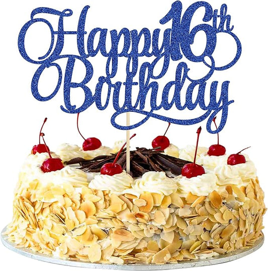 1 Pack Happy 16th Birthday Cake Topper Glitter Number 16 Sixteen Years Old Birthday Cake Pick Decoration for 16th Birthday Celebrating Anniversary Party Supplies Blue