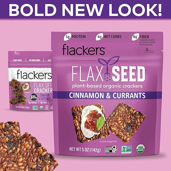 Flackers Organic Flax Seed Crackers Cinnamon & Currants, 5 Ounce 1 Pack, Gluten Free, Non GMO, Vegan, Naturally Sweet