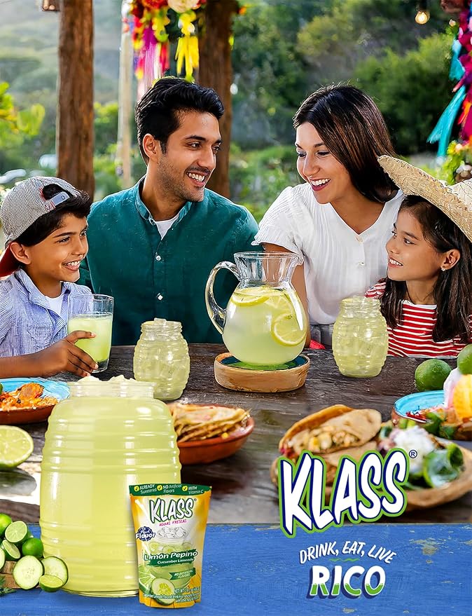 Klass Aguas Frescas | Drink Mix Cucumber Limeade | Flavors From Natural Sources, No Artificial Flavors, With Vitamin C (Makes 7 to 9 Quarts) 14.1 Oz Family Pack (4-Pack)
