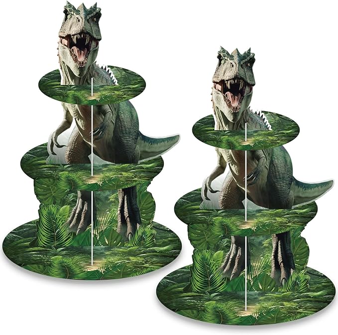 2 Pack Dinosaur Cupcake Stand Dinosaur Birthday Decorations 3 Tier Dino Cupcake Holder Dessert Tower Party Decorations for Boys Kids Baby Shower Jungle Theme Party Supplies
