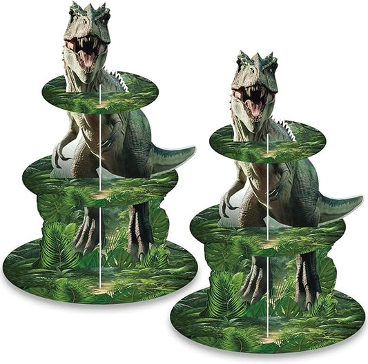 2 Pack Dinosaur Cupcake Stand Dinosaur Birthday Decorations 3 Tier Dino Cupcake Holder Dessert Tower Party Decorations for Boys Kids Baby Shower Jungle Theme Party Supplies