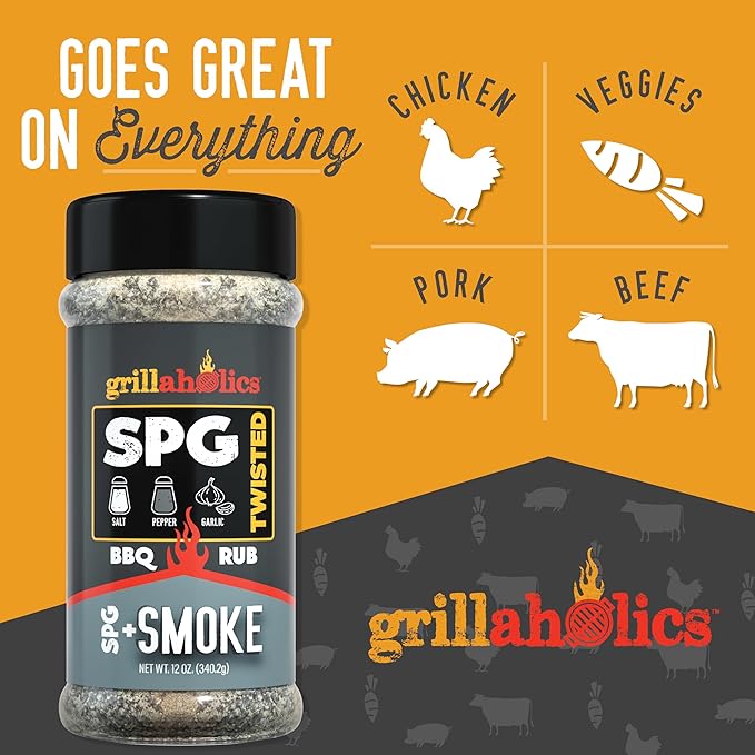 Grillaholics Twisted SPG + Smoke Seasoning - Salt Pepper Garlic and Hickory Smoke Powder Rub - All-Purpose BBQ Rub and Seasoning