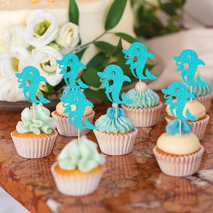 24 PCS Dolphin Cupcake Topper Ocean Themed Party Dolphin Cupcake Decorations Baby Shower Birthday Party Decorations
